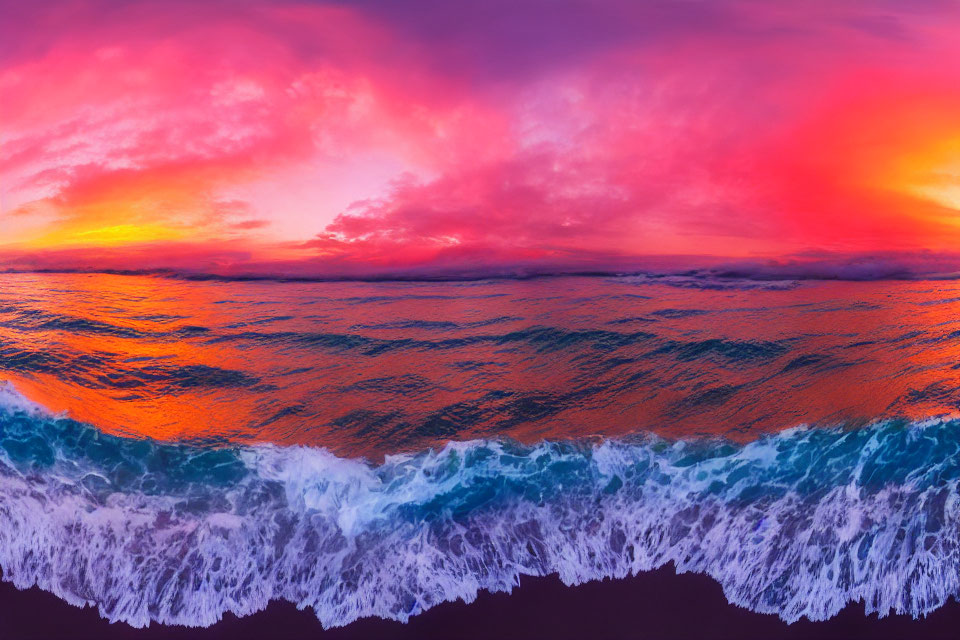 Vibrant sunset ocean panorama with crashing waves