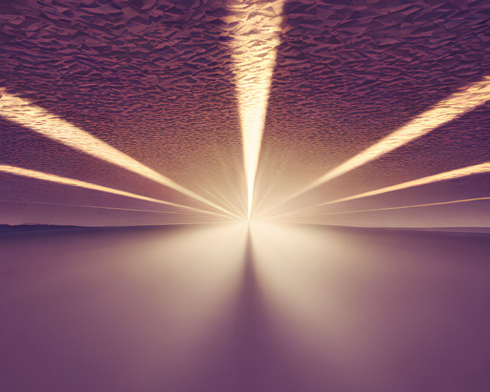 Abstract image of central light source with radiating beams on textured ceiling