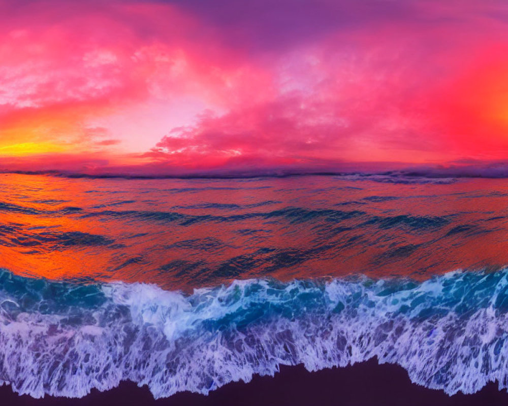 Vibrant sunset ocean panorama with crashing waves