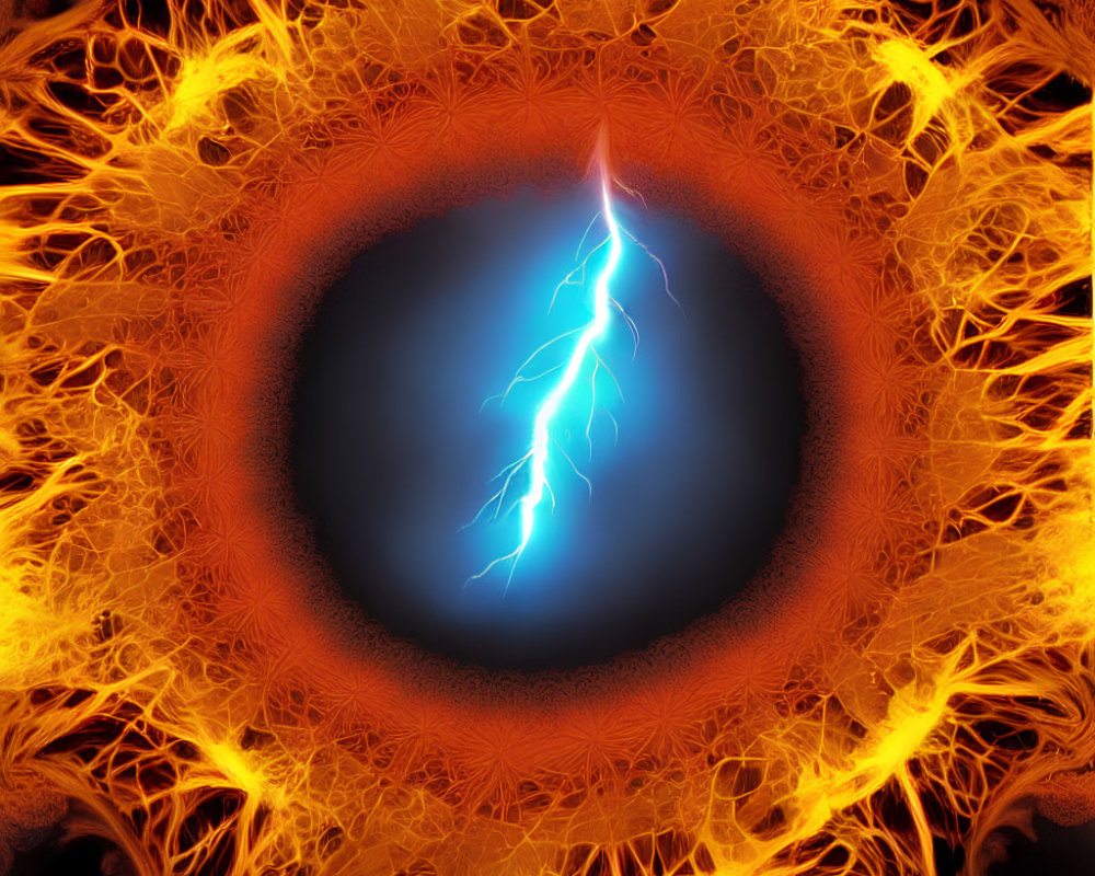 Vivid illustration of blue lightning bolt in fiery fractal eye