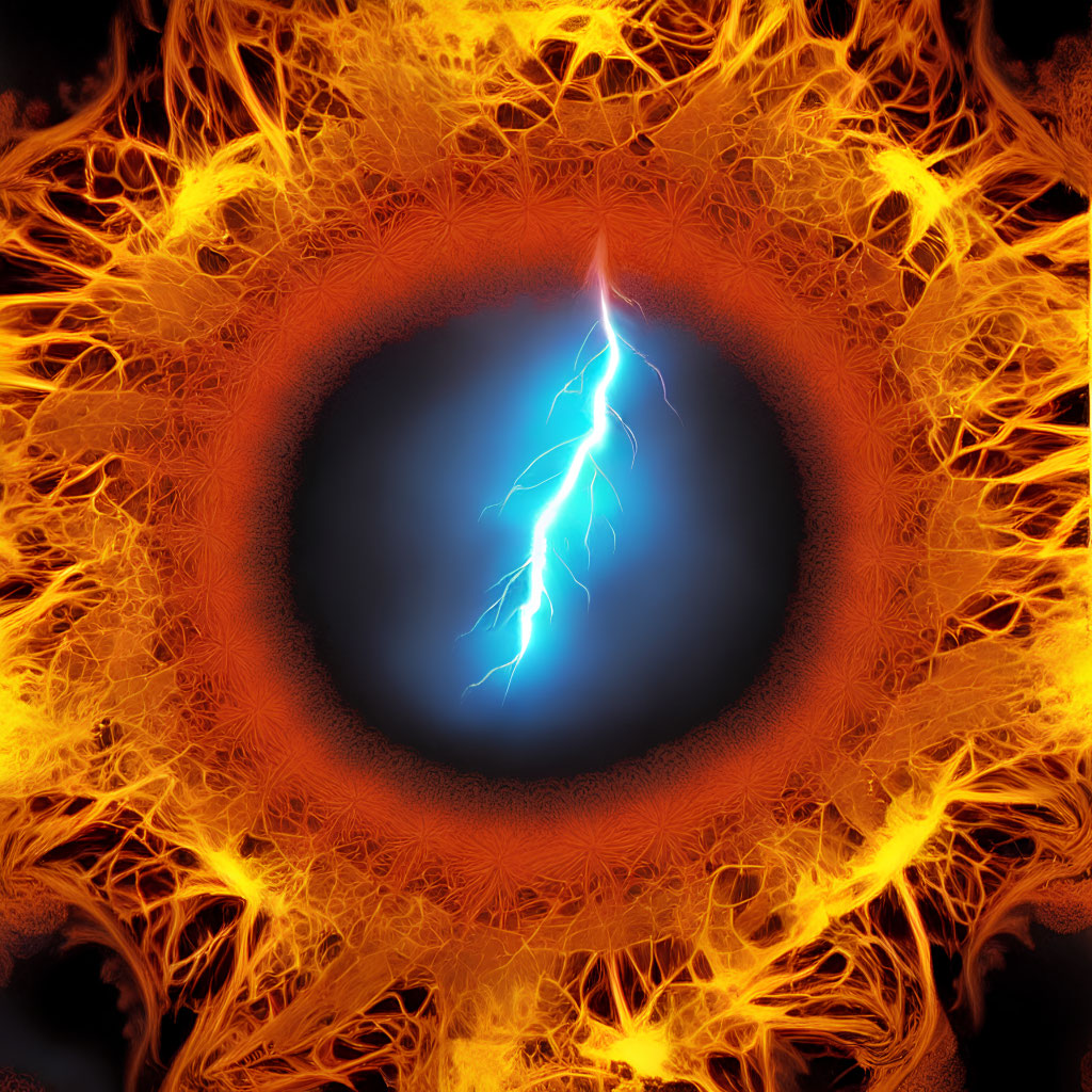 Vivid illustration of blue lightning bolt in fiery fractal eye