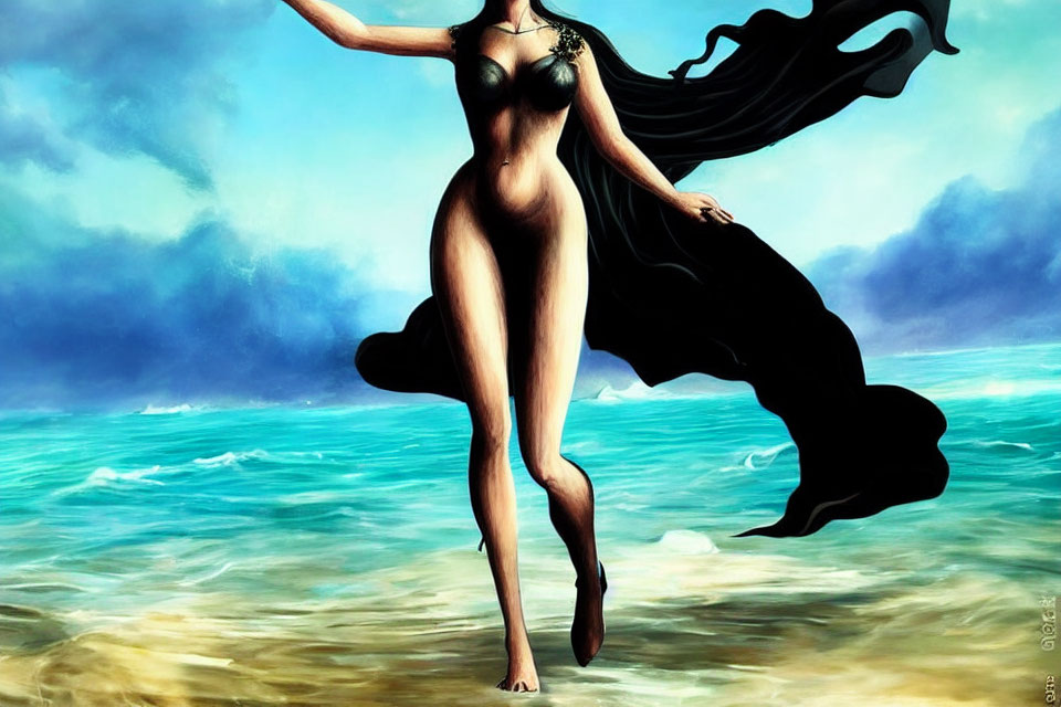 Stylized illustration of woman on beach with flowing black fabric