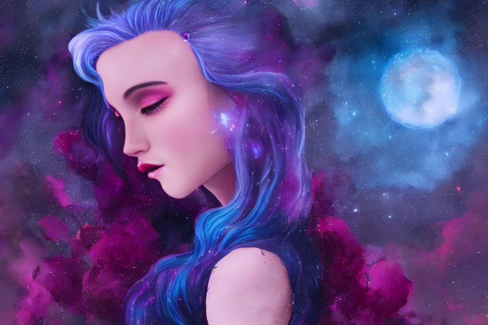 Person with Blue Hair in Purple Space Background with Stars and Moon