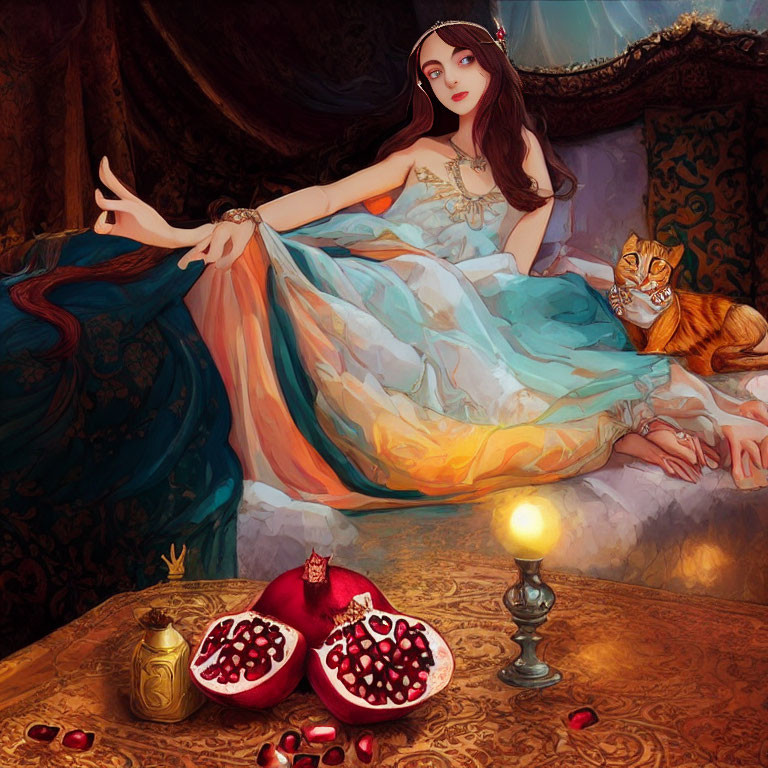 Illustration of woman in flowing dress with cat, pomegranates, candle, and rich decor