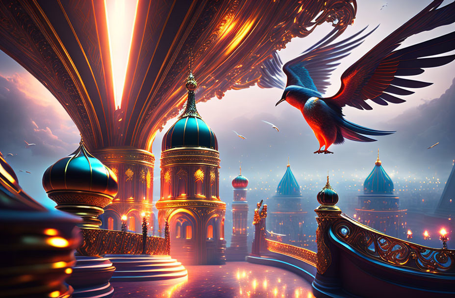 Fantastical palace with golden domes at twilight with hummingbird and lanterns.