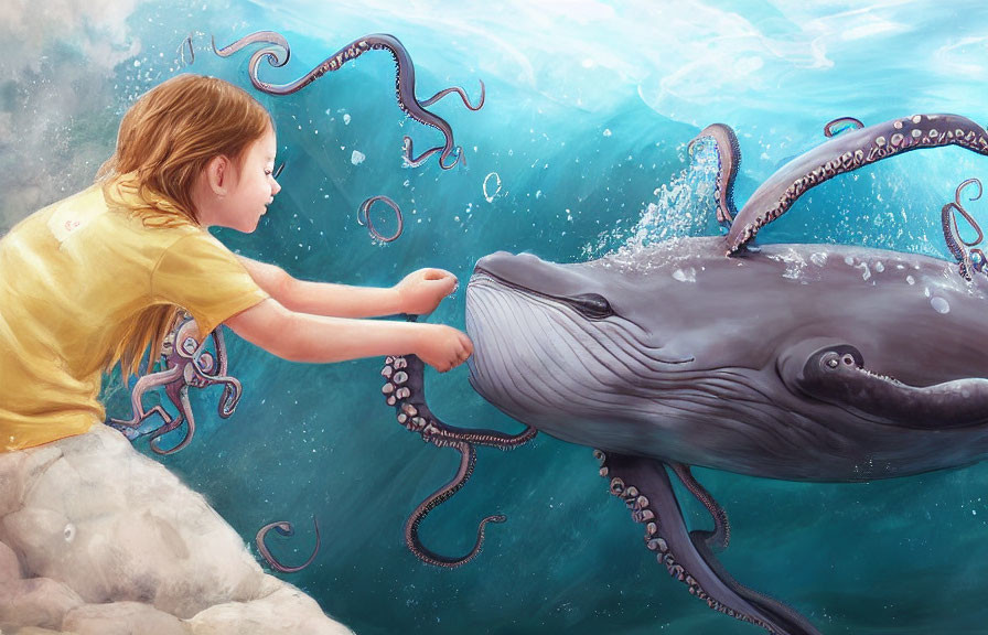 Young girl interacts with octopus-tentacled whale in surreal aquatic scene