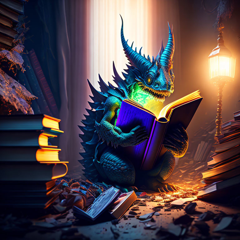 Fantastical dragon reading in cozy, dimly-lit room