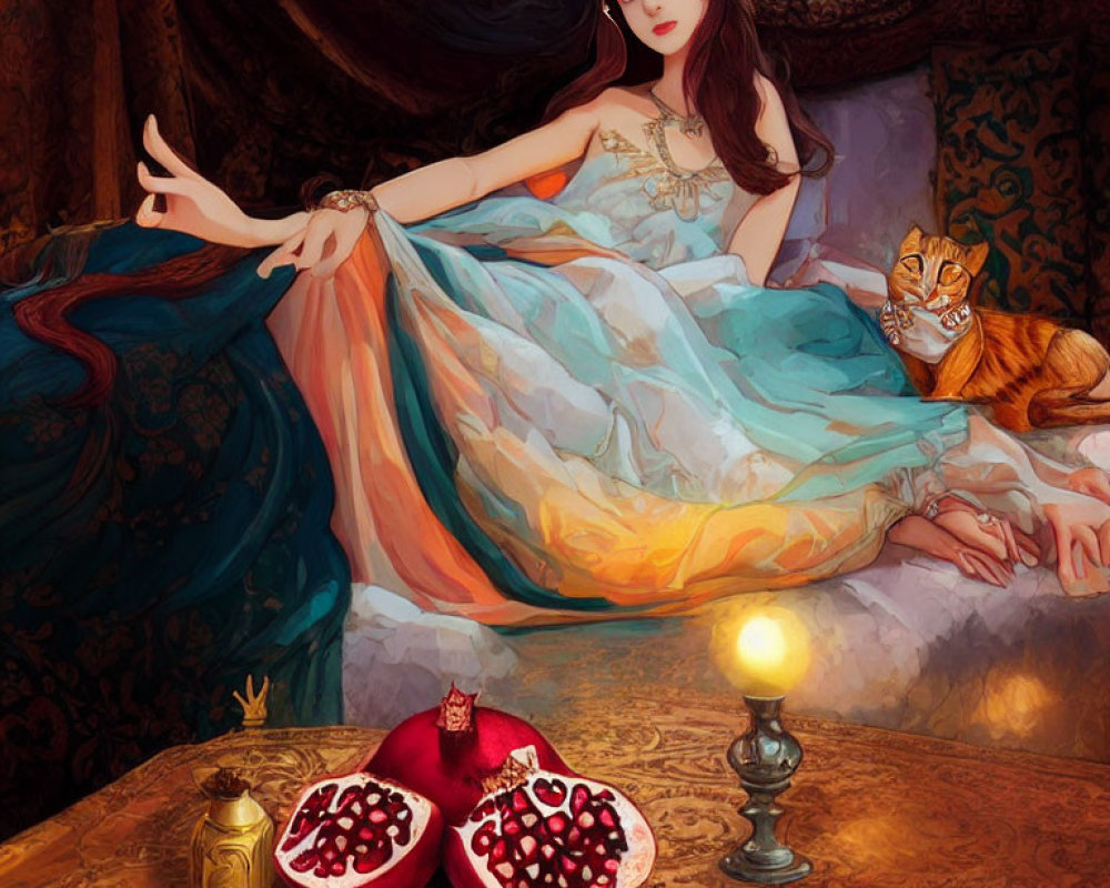 Illustration of woman in flowing dress with cat, pomegranates, candle, and rich decor