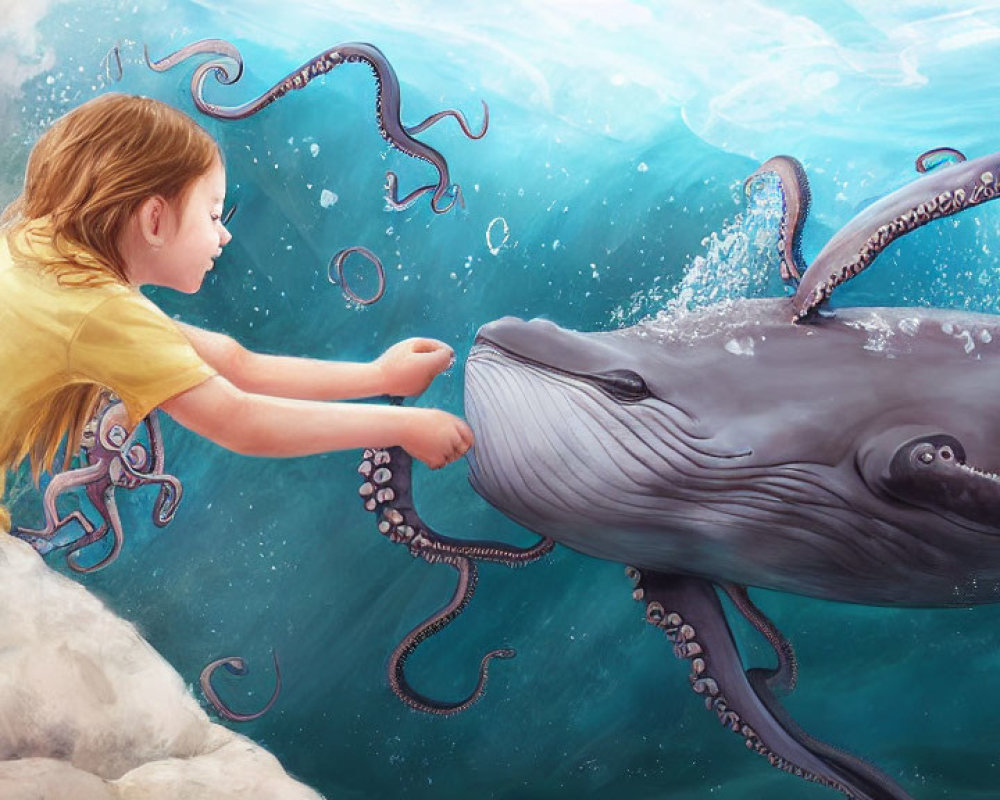 Young girl interacts with octopus-tentacled whale in surreal aquatic scene