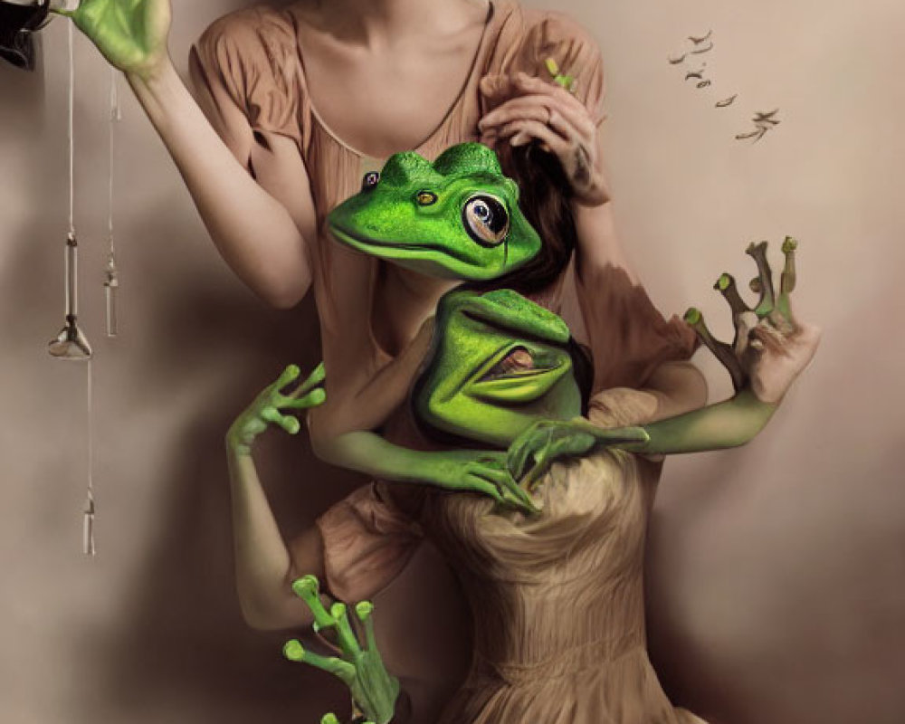 Person transformed with frog features and accessories in creative photo manipulation