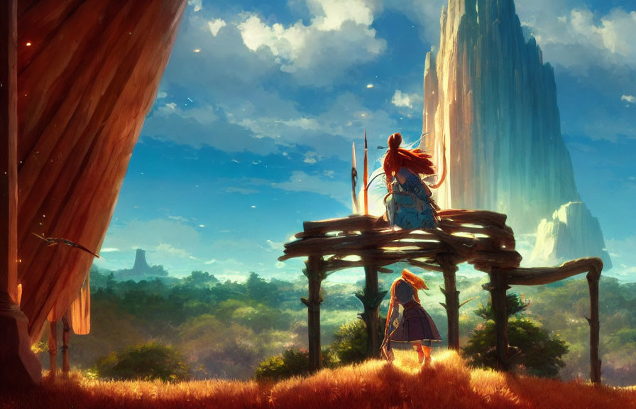 Fantasy landscape with characters on lookout platform amid lush fields and cliffs