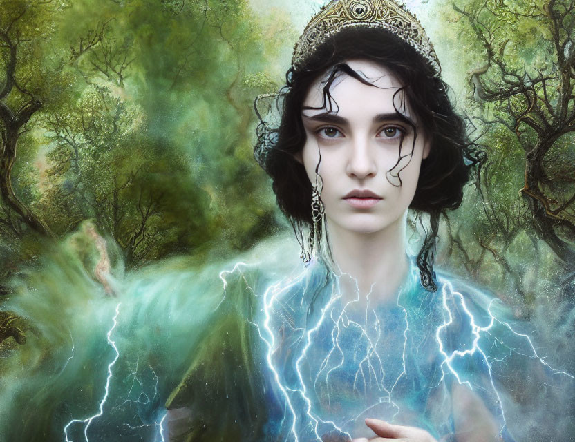 Fantasy portrait of a person with pale skin and dark hair in forest setting