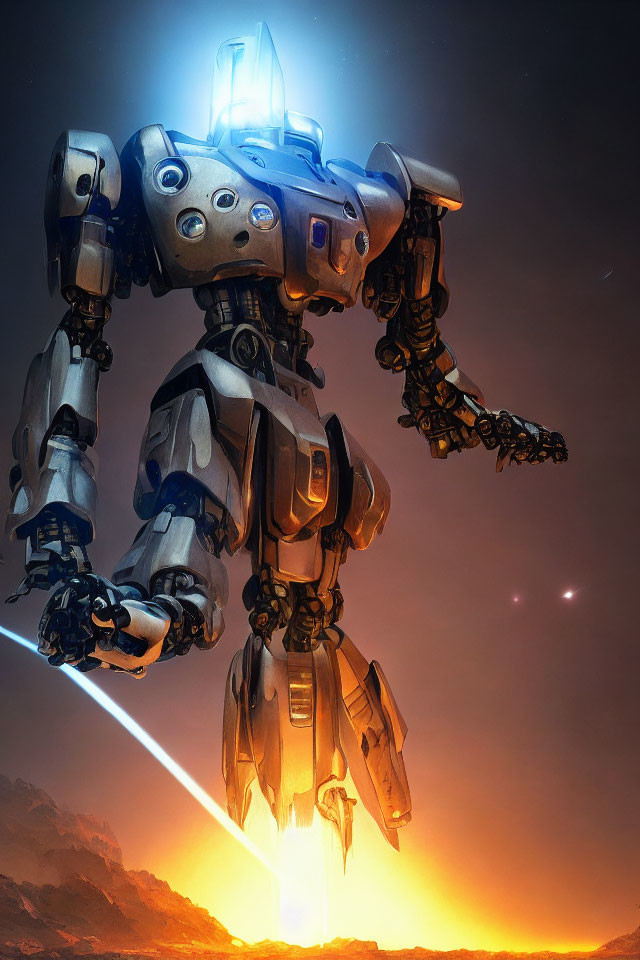 Glowing blue-eyed robot in front of sunrise with light beams