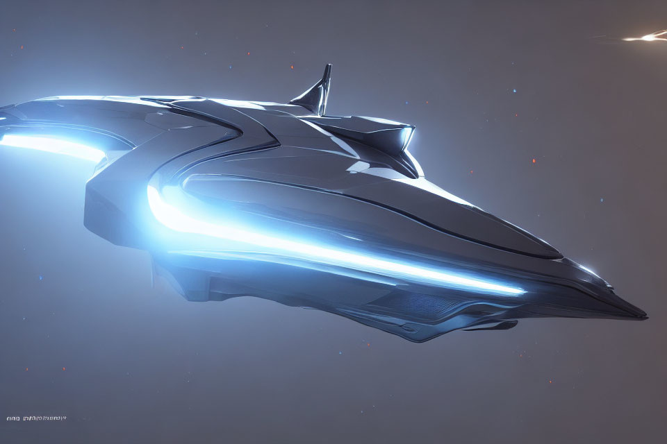 Futuristic spaceship with sleek lines and glowing blue engines against starry background