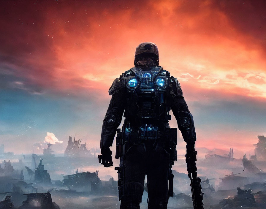 Futuristic soldier in advanced armor against dystopian cityscape under red sky