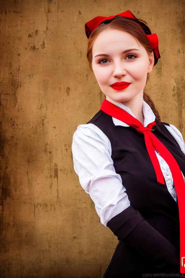 Woman in White Blouse and Black Vest with Red Scarf Smiling on Beige Background