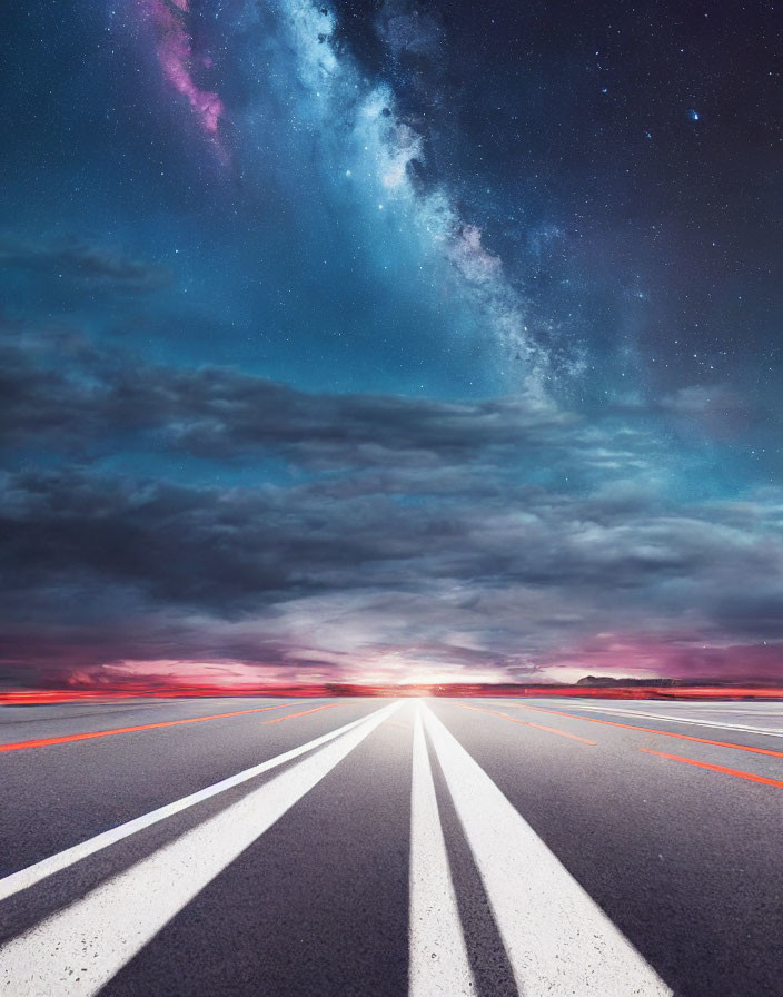 Endless road under starry sky with Milky Way galaxy above