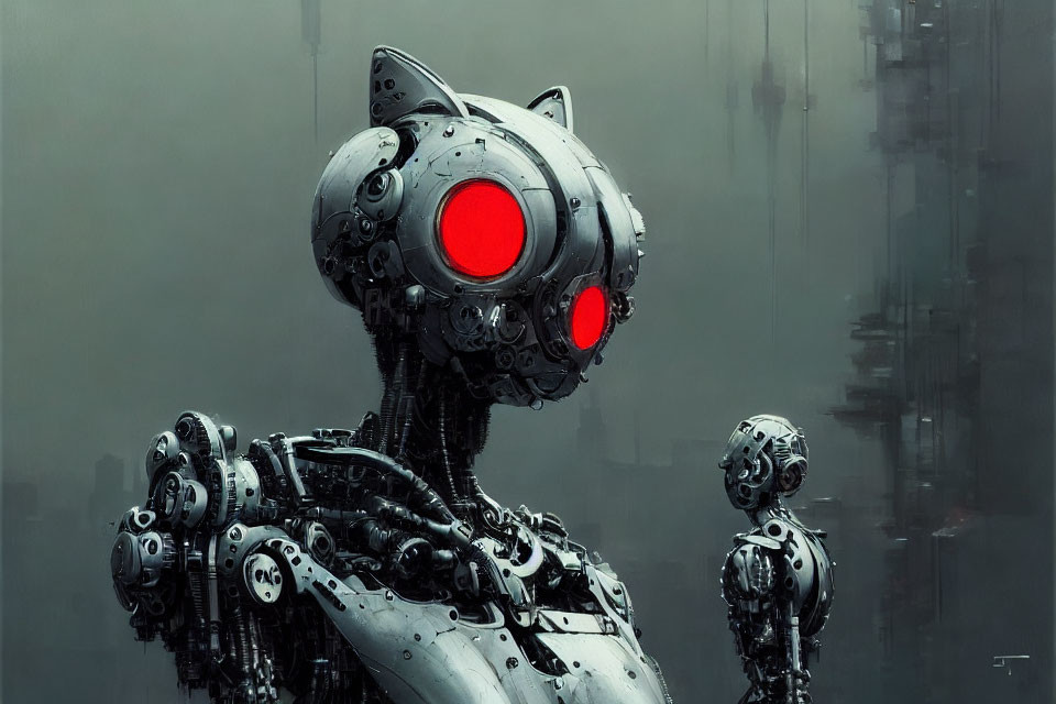 Futuristic robot with glowing red eyes in misty cityscape