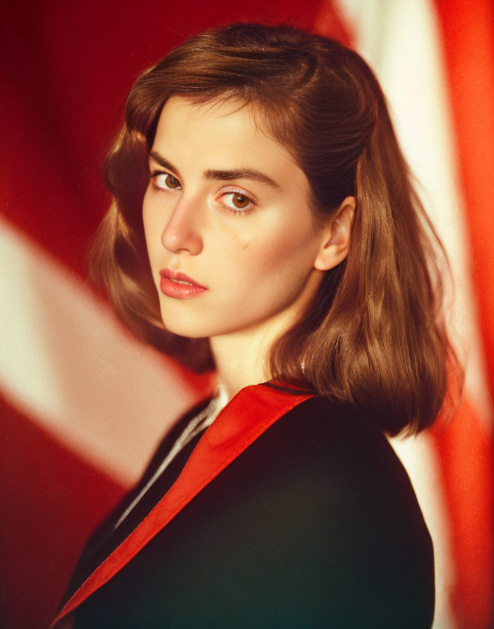 Portrait of young woman with shoulder-length hair in red fabric against striped backdrop