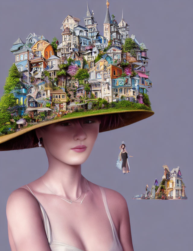 Whimsical miniature town on woman's wide-brimmed hat