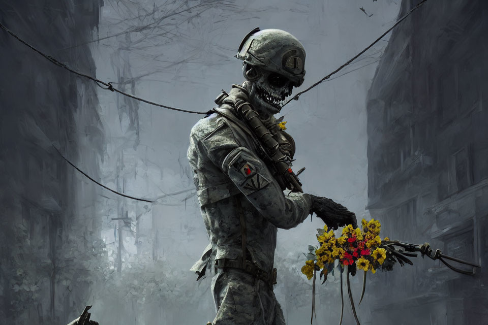 Skeleton soldier holding flowers in urban setting