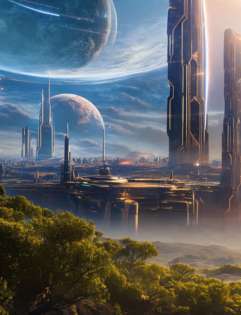 Futuristic cityscape with skyscrapers, waterfront, giant planets, and lush green foreground.