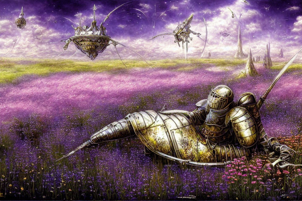 Knight in Armor Resting on Purple Flower Field with Futuristic Skyline