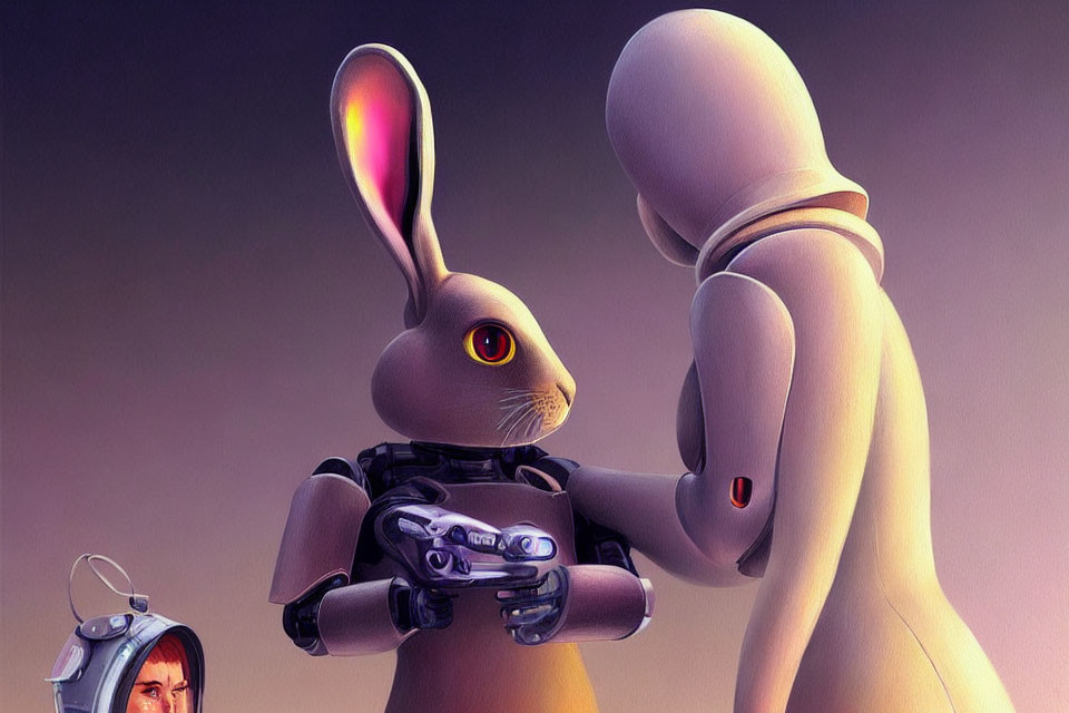 Rabbit-like humanoid robot meets white android in abstract setting