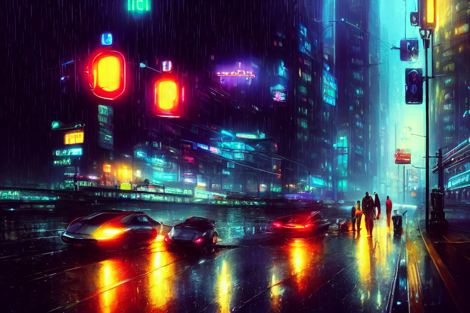 Rainy city street at night with neon lights, reflecting brake lights, and pedestrians with umbrellas.