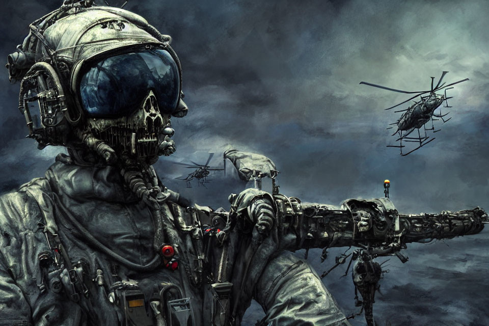 Futuristic soldier in heavy armor with skull-like mask and helicopters in stormy sky