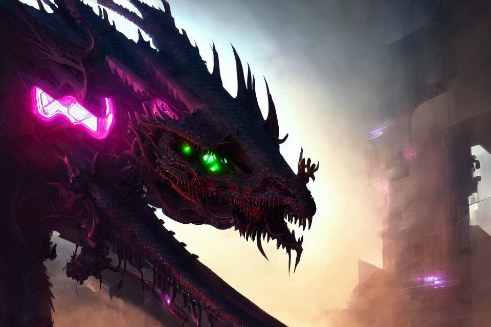 Glowing green-eyed dragon near futuristic buildings in ominous setting