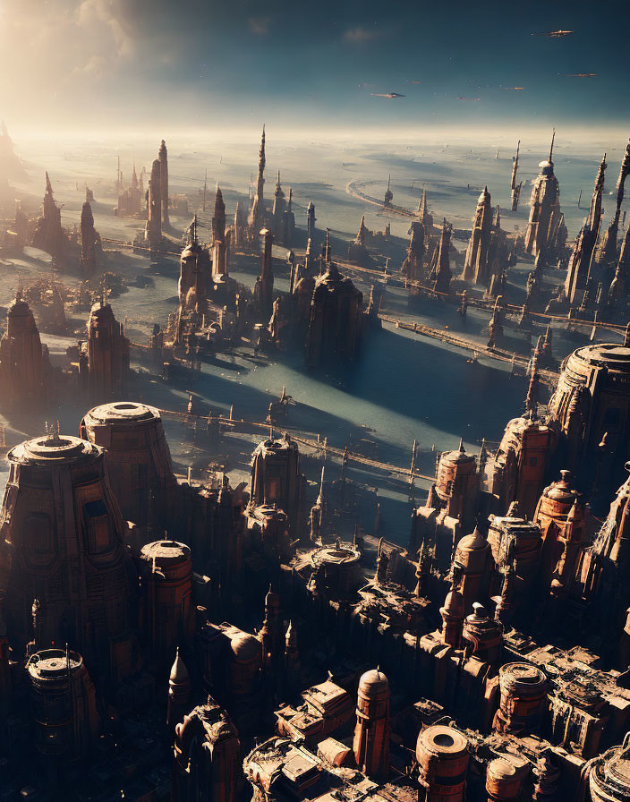 Futuristic cityscape with towering spires under dramatic sky