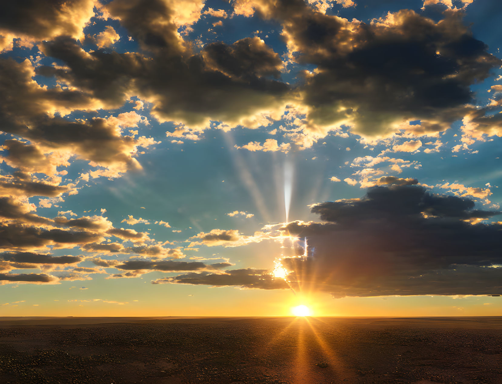 Radiant sunset with sunbeams through scattered clouds above desolate landscape