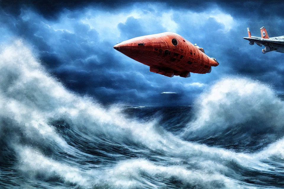 Futuristic orange spaceship over stormy ocean with second craft