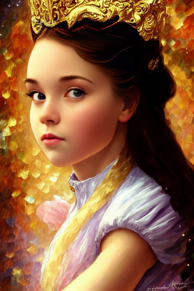 Portrait of young girl with gold crown on warm golden backdrop