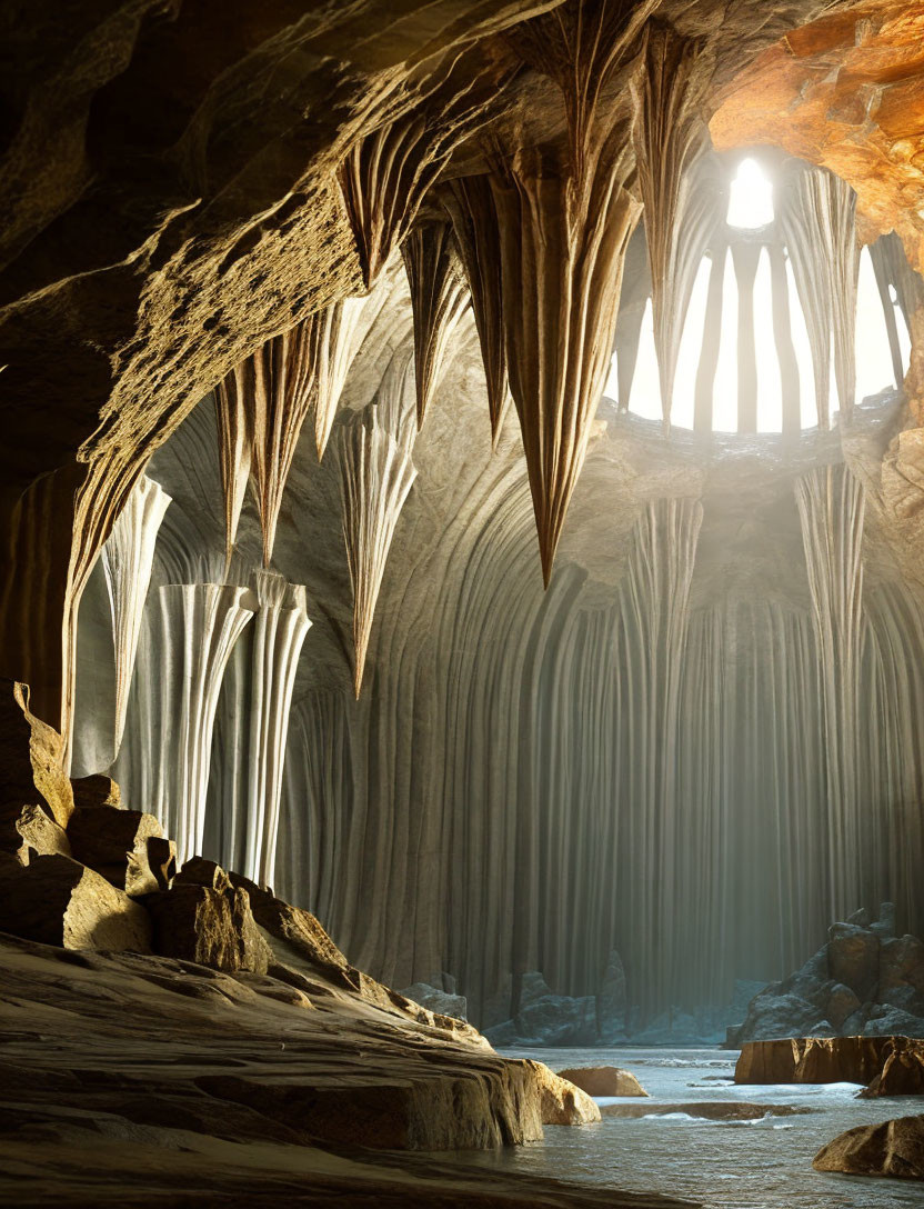 Sunlit cavern with stalactites and rock formations