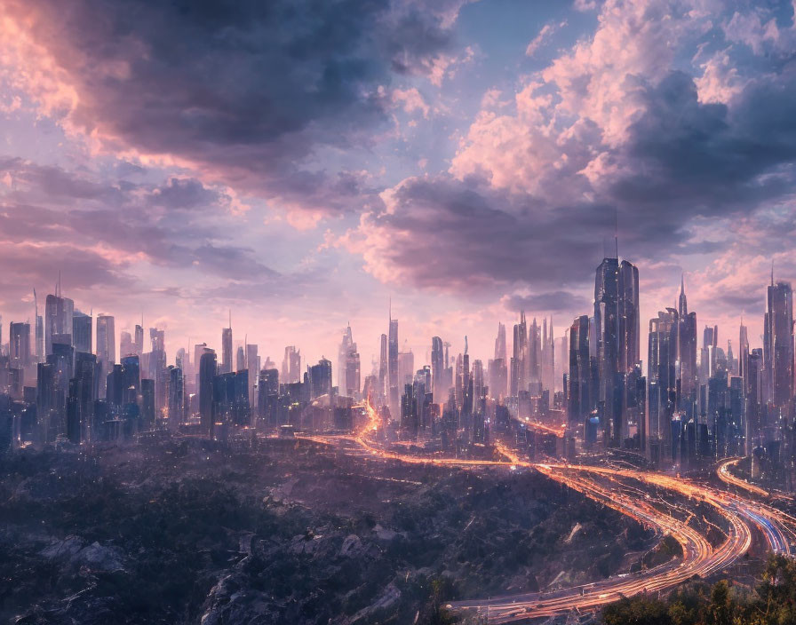 City skyline at dusk with radiant clouds and glowing roads.