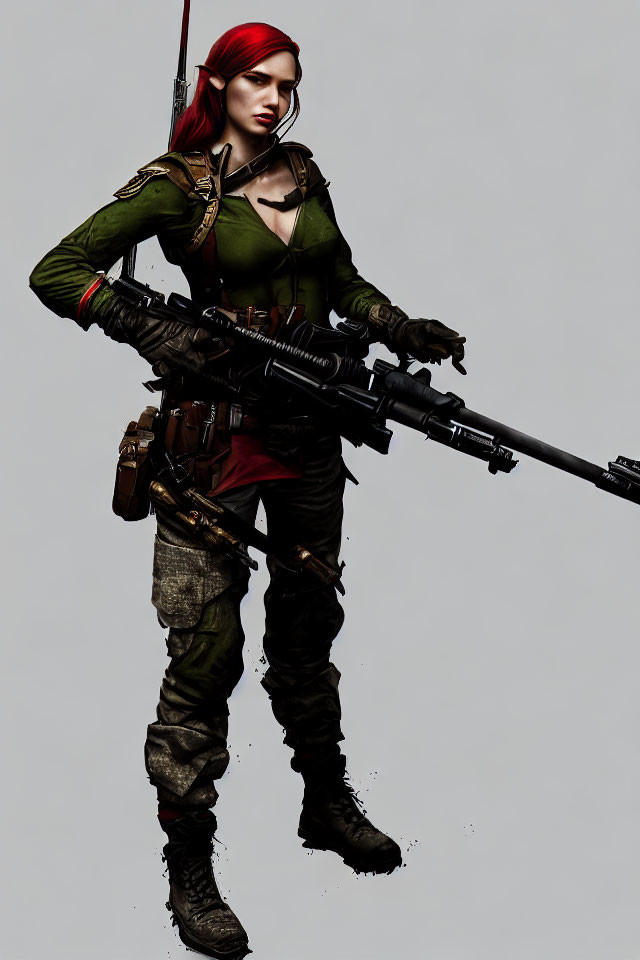 Red-haired female character in green top with sniper rifle and tactical gear