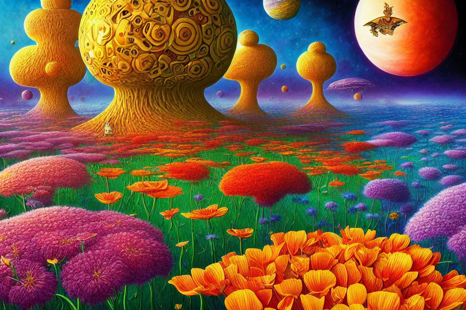 Colorful surreal landscape with whimsical trees, flowers, planets, and dragon-like creature