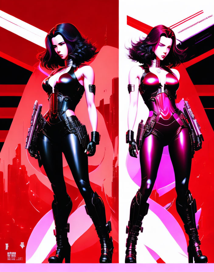 Stylized illustrations of female character in futuristic bodysuit with guns