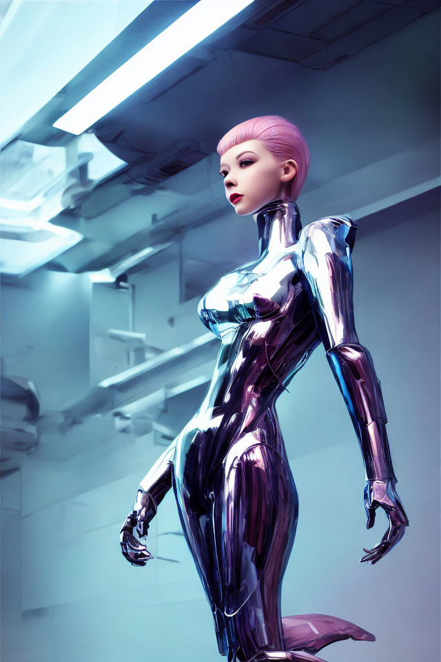 Reflective silver female android with pink hair in futuristic corridor