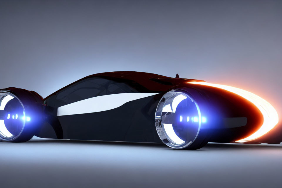 Sleek Black and Red Futuristic Car with Oversized Illuminated Wheels