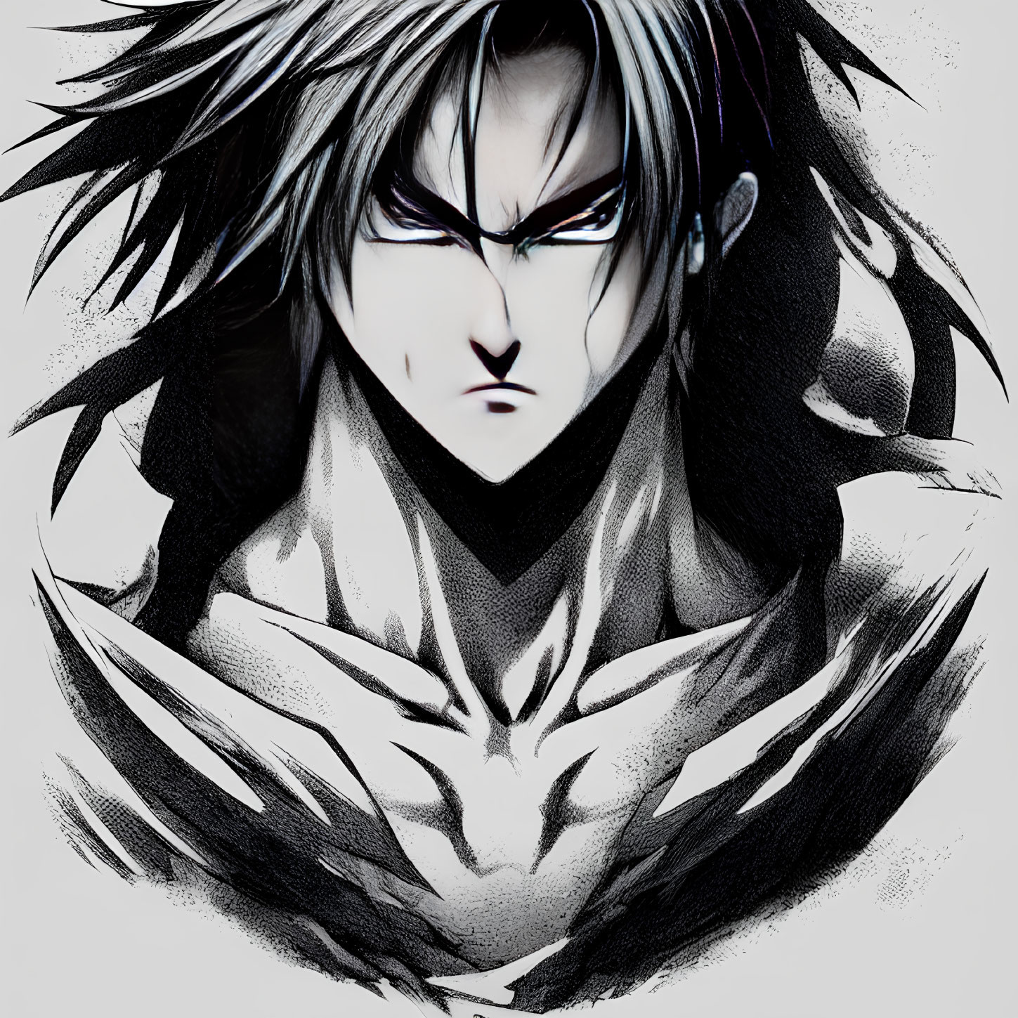 Detailed monochrome anime character illustration with spiky hair and intense expression.