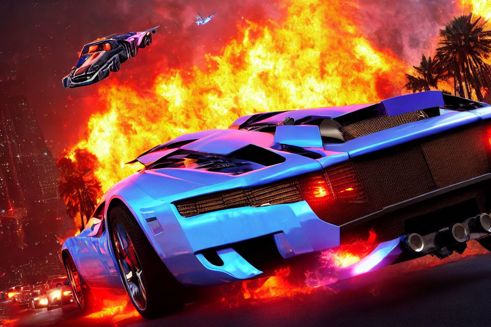 Futuristic blue sports car racing in fiery urban landscape