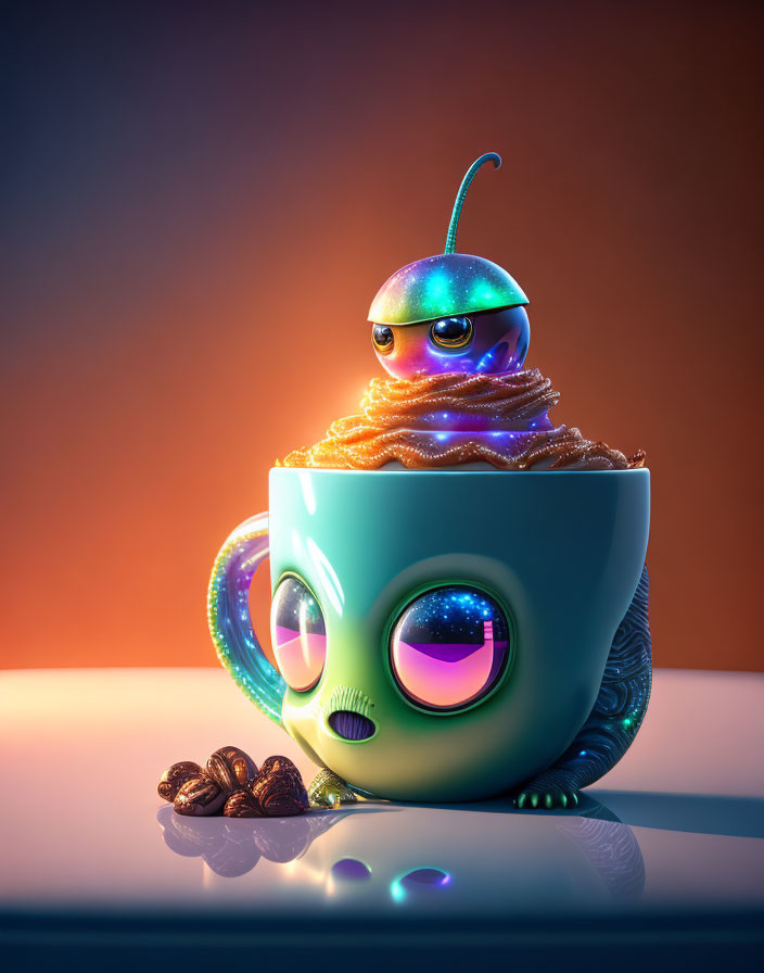 Colorful 3D alien creature in coffee cup with big eyes and beans