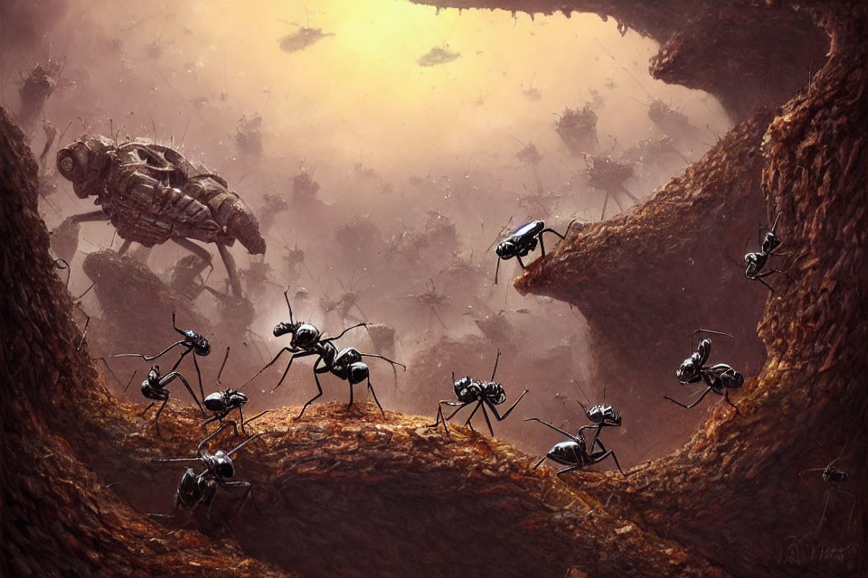 Digital art: Robotic ants in earth-toned setting with mechanical insect.