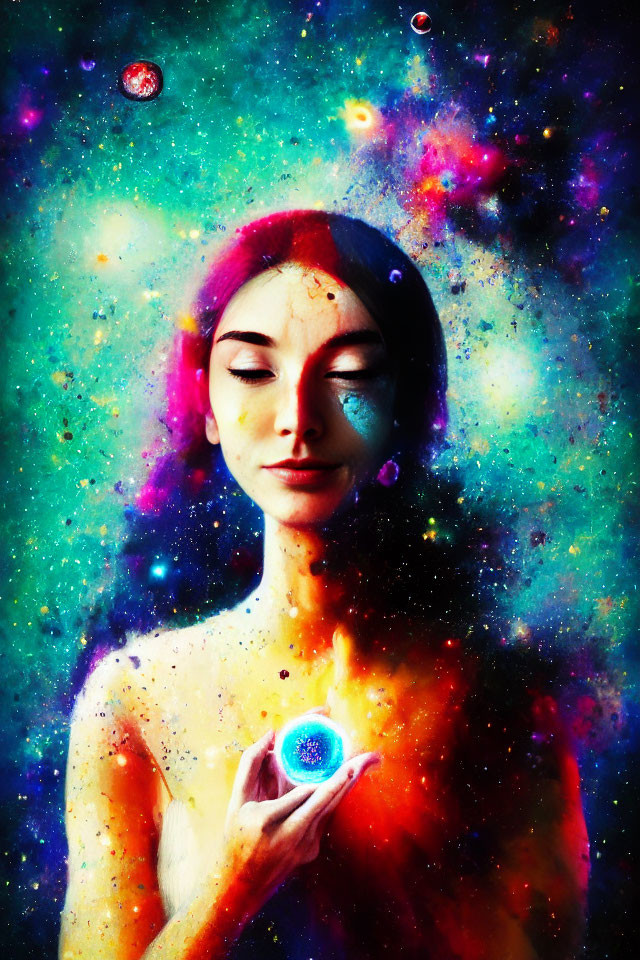 Cosmic-themed surreal portrait of a woman with radiant orb against starry space backdrop