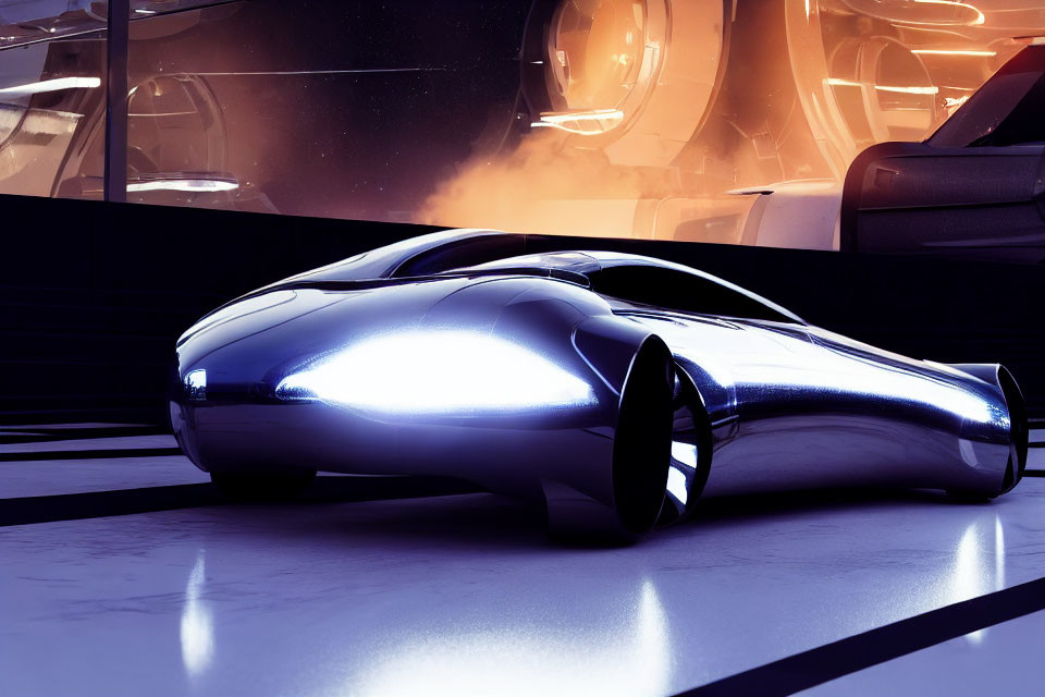 Futuristic silver car in modern illuminated facility