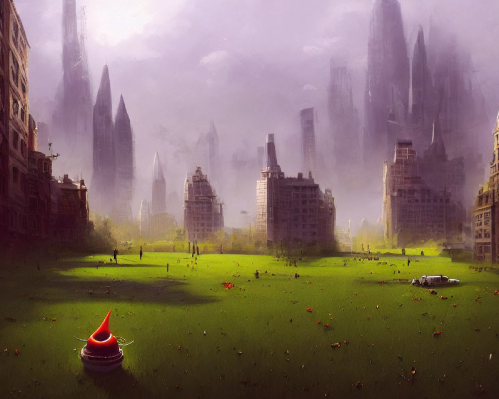 Scenic field with flowers and party hat among ruined buildings