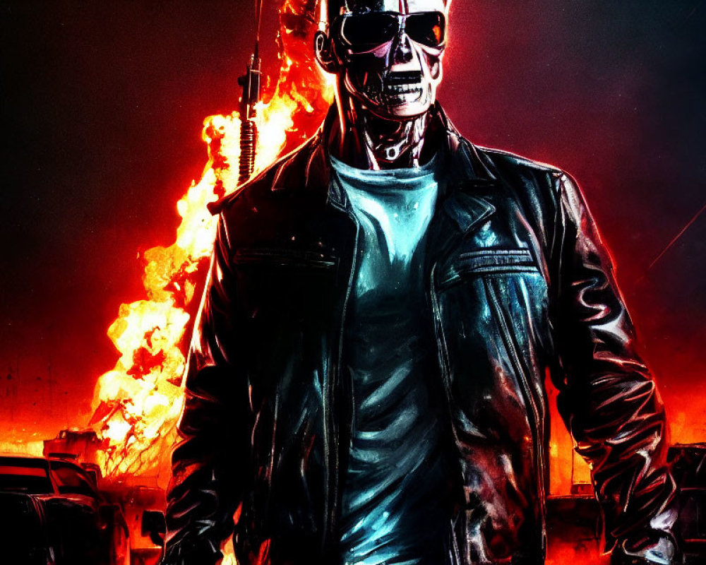 Menacing robot in sunglasses and leather jacket amidst fiery explosions